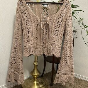 Boho crochet bell sleeve tie front tan top